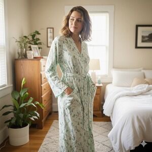 J Jill Sleep Ultrasoft Patch Pocket Robe Blue Green Floral Sleepwear Medium